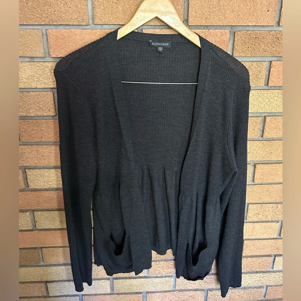 Eileen Fisher Cozy Viscose Stretch Knit 100% Wool Ash Gray Cardigan Size Large